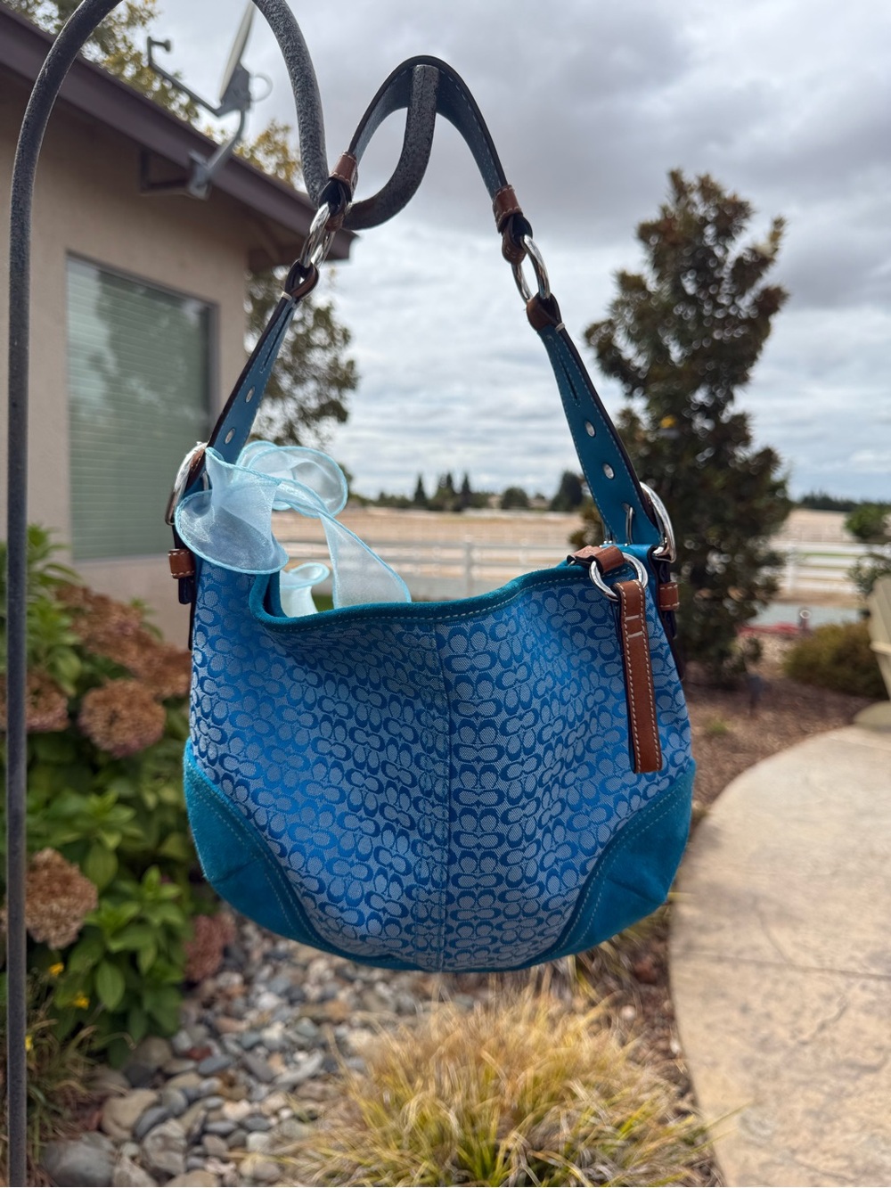 Coach Teal Signature Shoulder Bag with Brown Trim